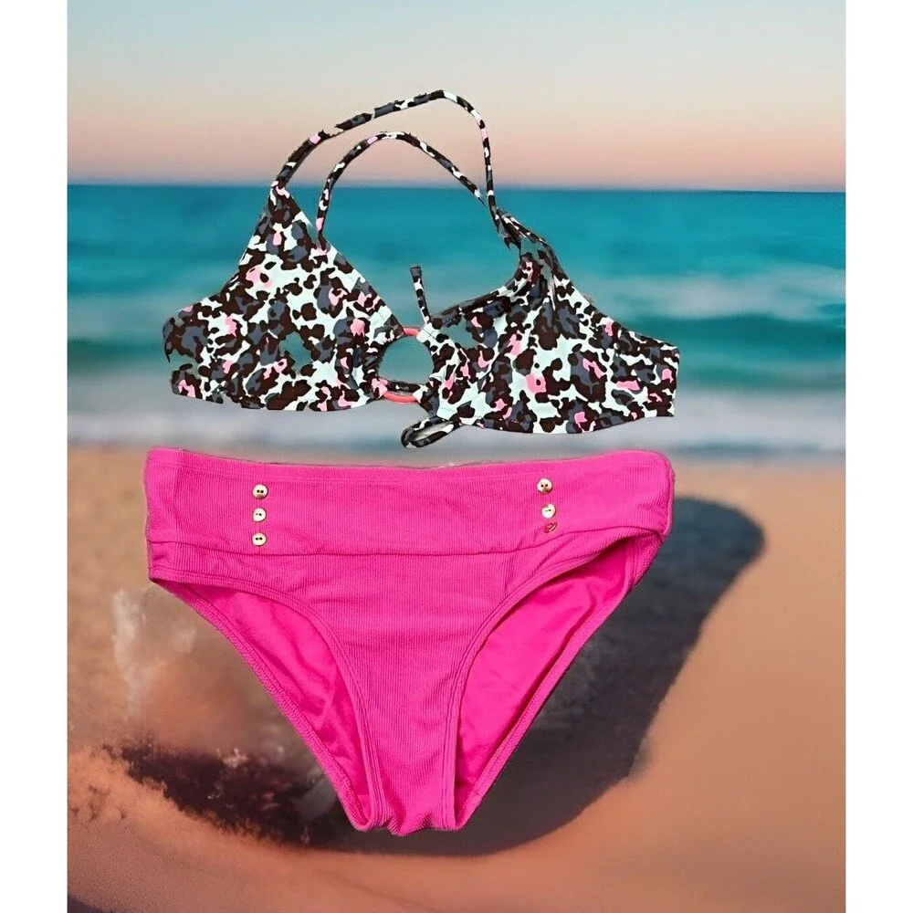 Bikini 2 Piece Swimsuit Cross Back Tie Ring Camo Top Pink Bottoms Small Swimwear